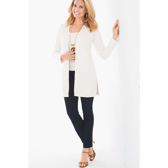 Chico's Traveler's Collection Open Cardigan Faux-Leather Strip NWT Size 4 - Picture 6 of 8